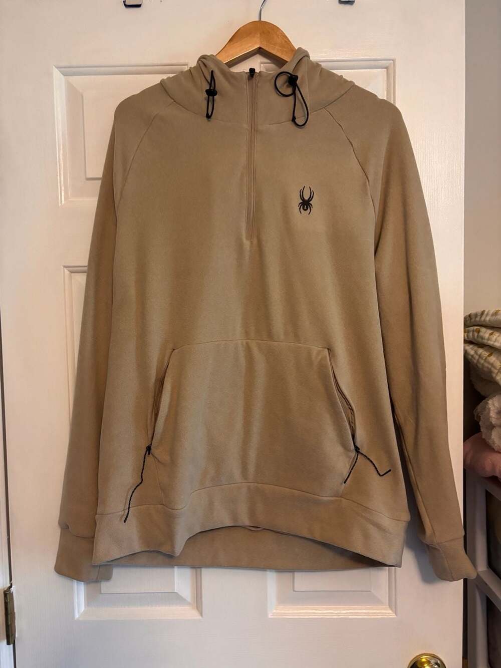 Spyder Men's Khaki Beige 1/2 Zip Hooded Fleece Sweatshirt Hoodie with Pocket